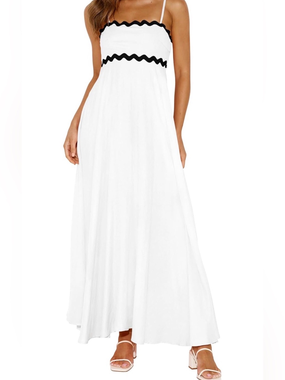 White Maxi Spaghetti Strap  Dress with Black Trim, XL by Pretty Garden